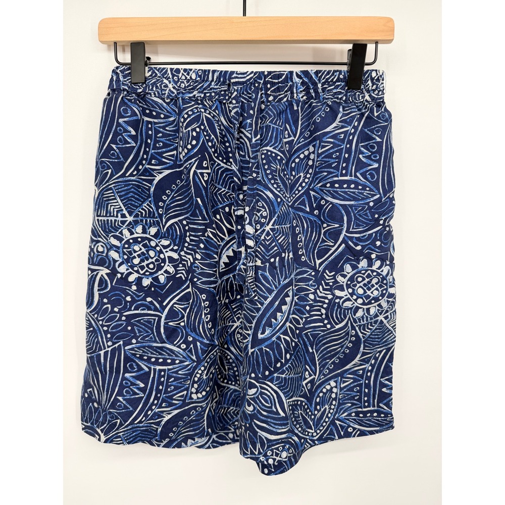 Bogari Silk Shorts Womens Medium Blue White Floral Batik Good Elastic Waist